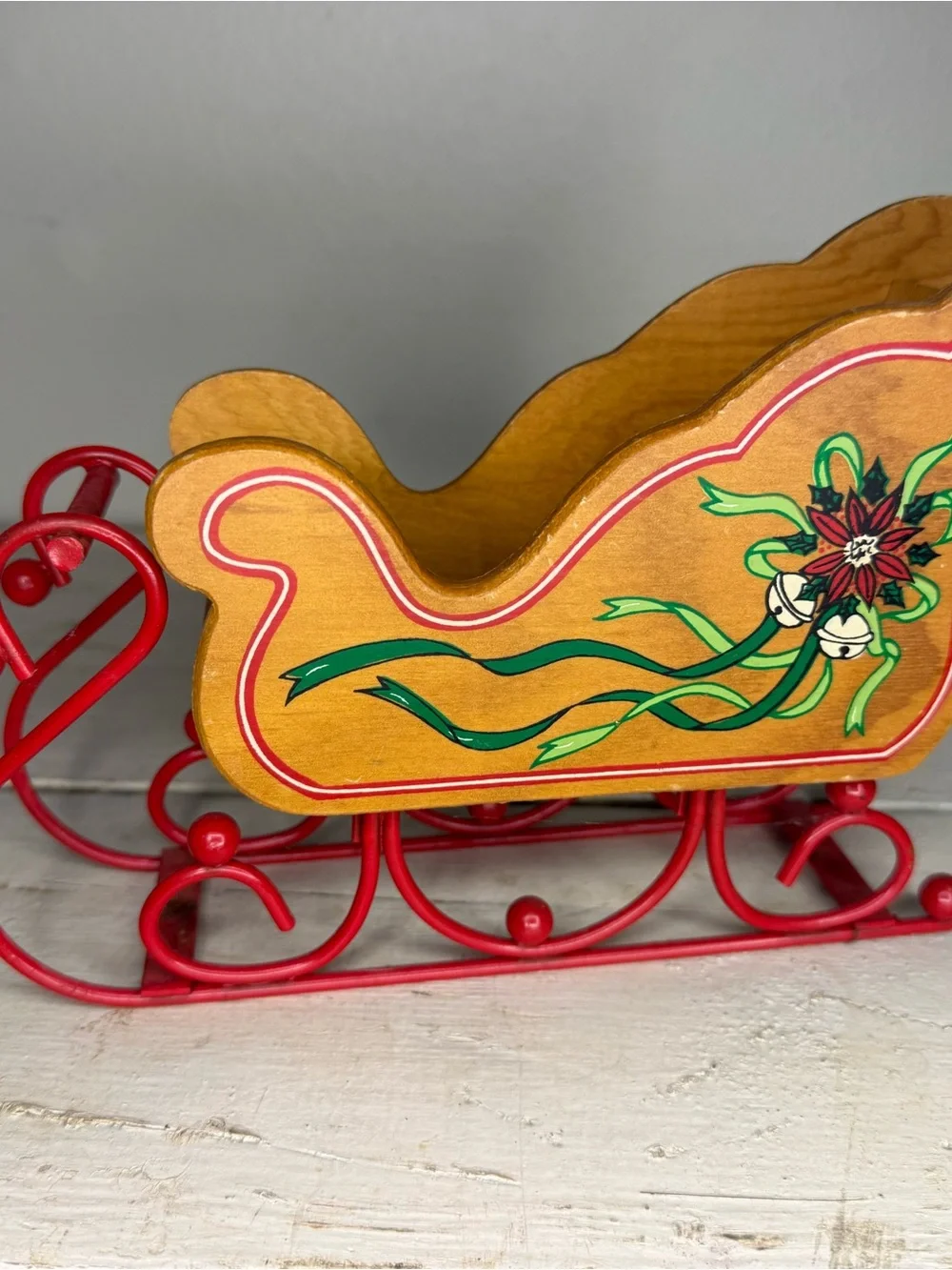 Vintage Poinsettia Wooden Sleigh Planter w/Metal Rails. Sleigh 8